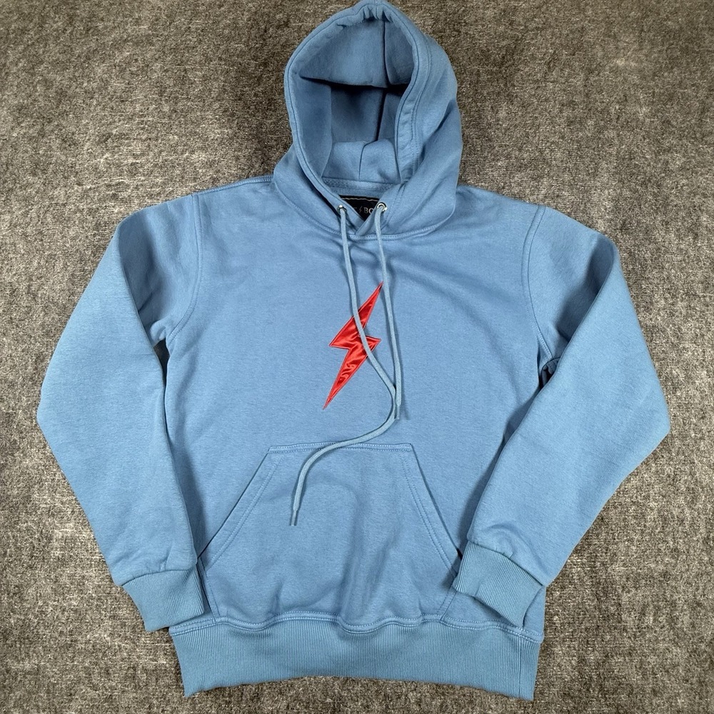 Bruce Bolt Pullover Hoodie Baby Blue Red Satin Lightning Bolt Logo Size Small S⁠